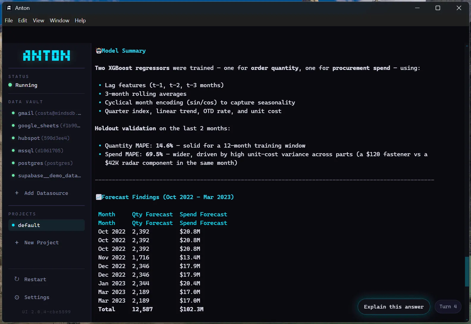 Screenshot 6: Anton’s model diagnostics. Two XGBoost regressors, honest MAPE numbers, and the caveat already written in.